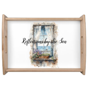 Seaside Window View Watercolor Coastal Scene Serving Tray
