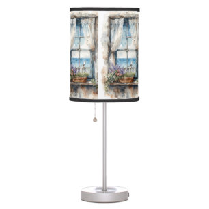 Seaside Window View Watercolor Coastal Scene Table Lamp