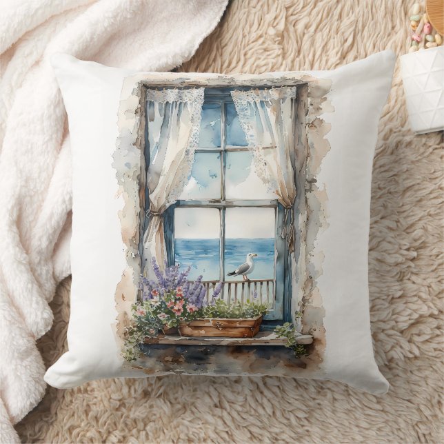 Seaside Window View Watercolor Coastal Scene Throw Pillow (Blanket)
