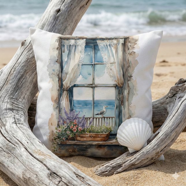 Seaside Window View Watercolor Coastal Scene Throw Pillow (Seaside Window View Watercolor Coastal Scene Throw Pillow Mockup C)