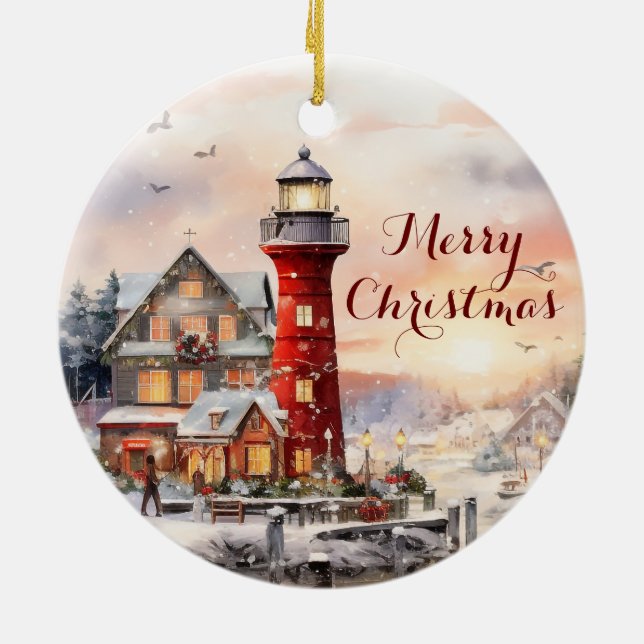 Seaside Winter Town Watercolor Christmas Art Ceramic Ornament (Back)
