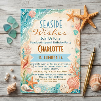 Seaside Wishes Coastal Beach 14th Birthday Invitation
