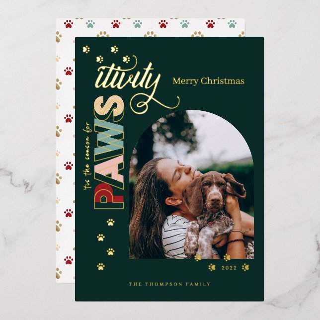 Season For Pawsitivity Fun Red Pet Dog Photo Green Foil Holiday Card (Front/Back)