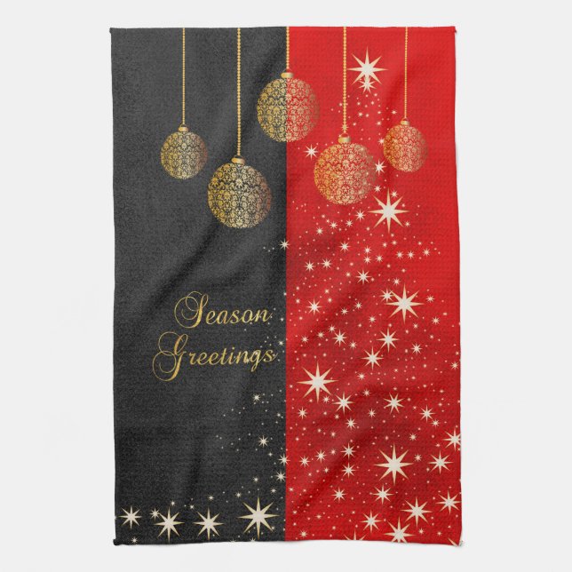 Season Greetings - Black, Red and Gold Christmas Kitchen Towel (Vertical)