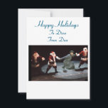Season greetings card<br><div class="desc">Celebrate the holiday season with this unique and whimsical greeting card! The front of the card features a joyful Chassid dancing with three individuals dressed in Santa Claus costumes. This delightful blend of cultural and holiday imagery adds a touch of fun and cheer.</div>