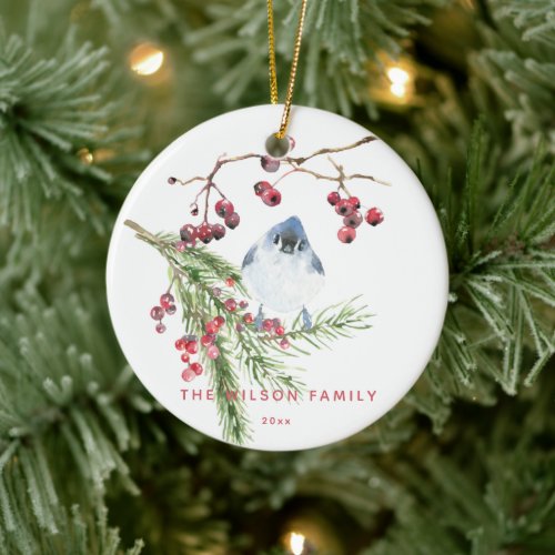 Season Greetings _  Christmas  Greenery w Bird  Ceramic Ornament