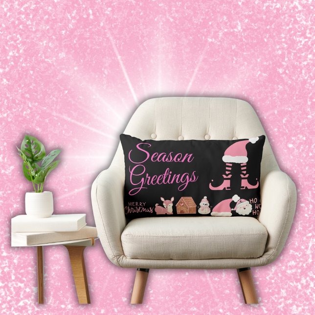 Season Greetings - Pink on Black | Lumbar Pillow (Creator Uploaded)