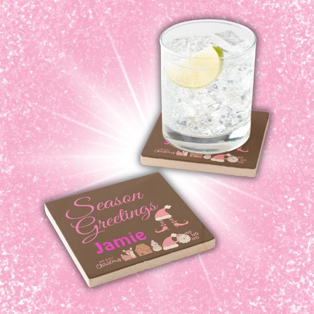 Season Greetings - Pink on Brown Name Monogram | Stone Coaster (Creator Uploaded)