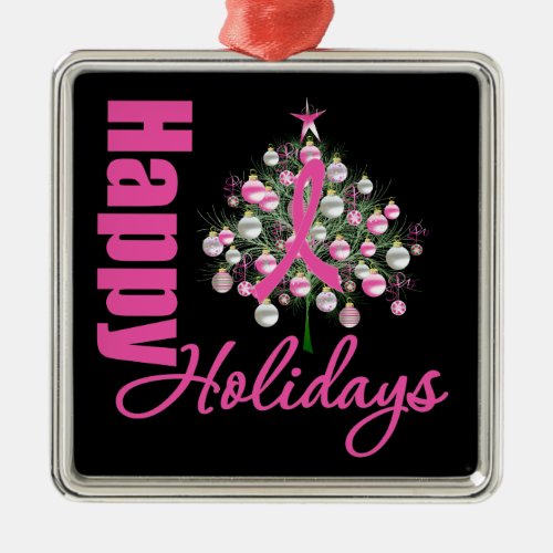 Season Greetings Pink Ribbon _ Breast Cancer Metal Ornament