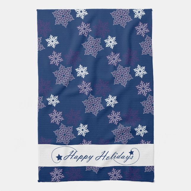 Season Greetings Snowflakes on Navy Blue Kitchen Towel (Vertical)