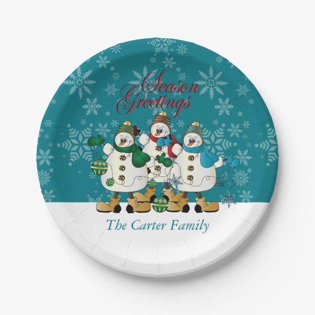 Season Greetings Snowmen Buddies | Christmas Paper Plates (Front)