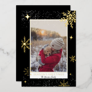 Season greetings stars snow black photo foil holiday card