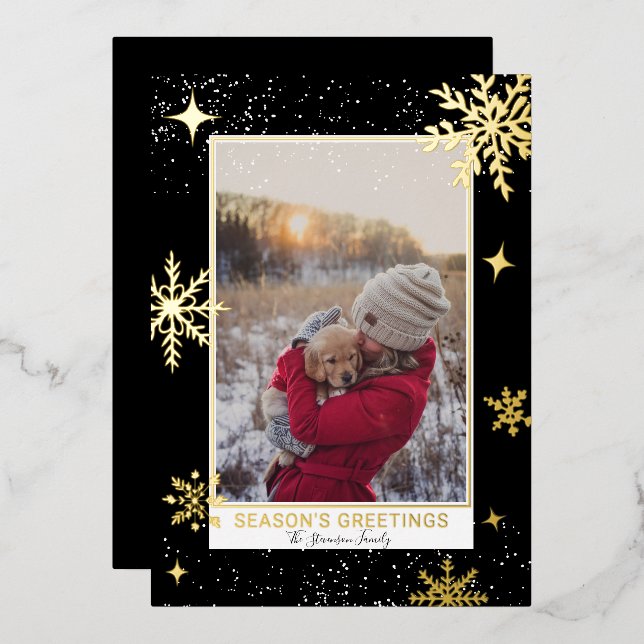 Season greetings stars snow black photo foil holiday card (Front/Back)