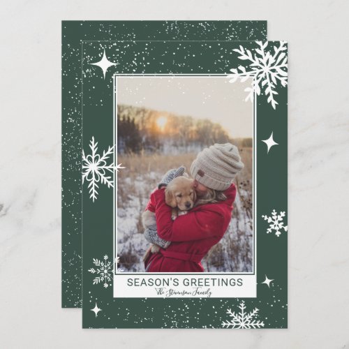 Season greetings stars snow green photo holiday card