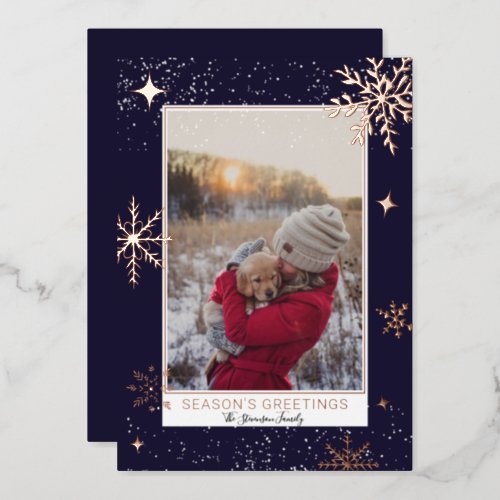 Season greetings stars snow navy blue photo foil holiday card