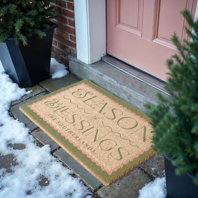 Season of  Blessings Green & Pink Retro Wavy Frame Fiber Doormat (Season of Blessings Green & Pink Retro Wavy Frame Doormat)