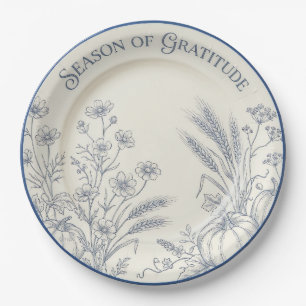 "Season of Gratitude" Blue Toile Pumpkin Plate