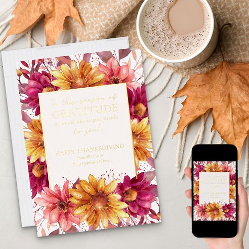 Season of Gratitude Fall Floral Thanksgiving Gold Foil Holiday Card