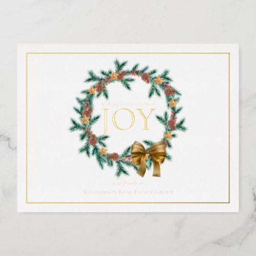 Season of Joy Christmas Wreath Business  Foil Holiday Postcard