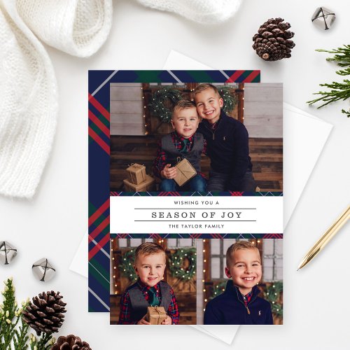 Season of Joy Navy Tartan Plaid Photo Collage Holiday Card