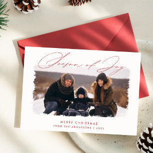 Season of Joy Red Script Family Photo Christmas Holiday Card