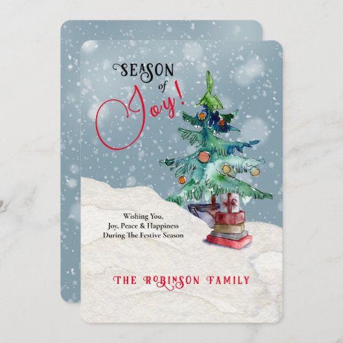 Season Of Joy Watercolor Xmas Tree Snow Sky Holiday Card