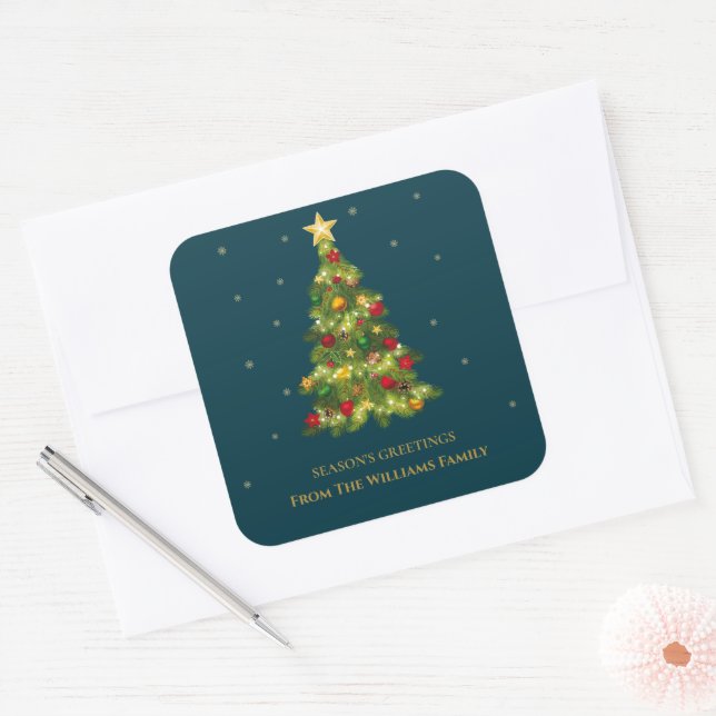 Season’s Greetings Gold Snowflake Tree Family Name Square Sticker (Envelope)