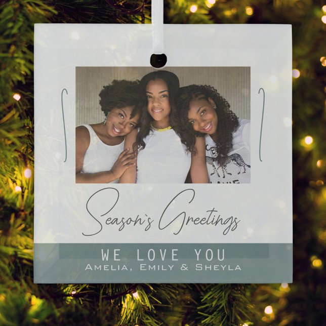 Season`s Greetings Minimalist Photo Christmas Glass Ornament (Creator Uploaded)
