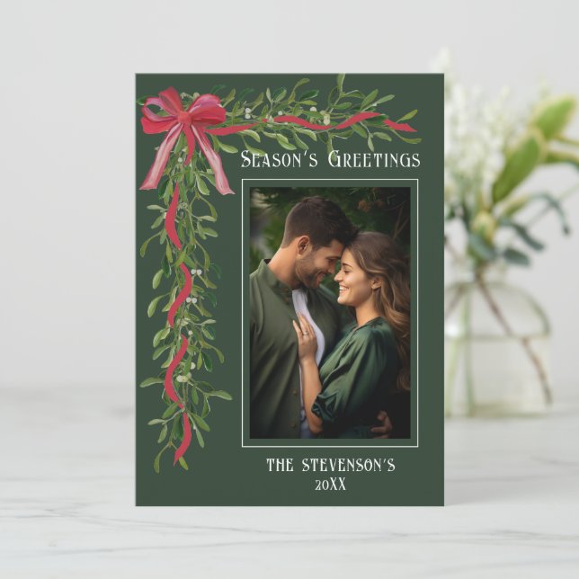 Season’s Greetings Mistletoe Photo Christmas Holiday Card (Standing Front)