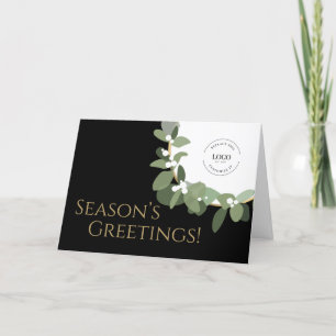 Season’s Greetings Modern Green Wreath CustomLogo  Holiday Card