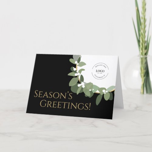 Seasons Greetings Modern Green Wreath CustomLogo  Holiday Card