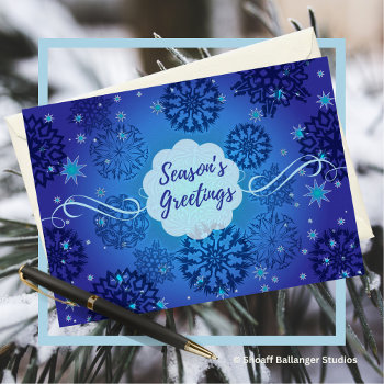 Season’s Greetings Snowflakes Design In Blue Card by ShoaffBallanger at Zazzle