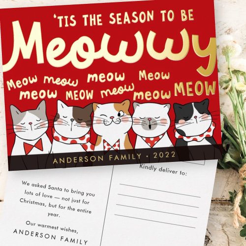 Season to be Meowwy Funny Cute Cats Caroling Foil Holiday Postcard