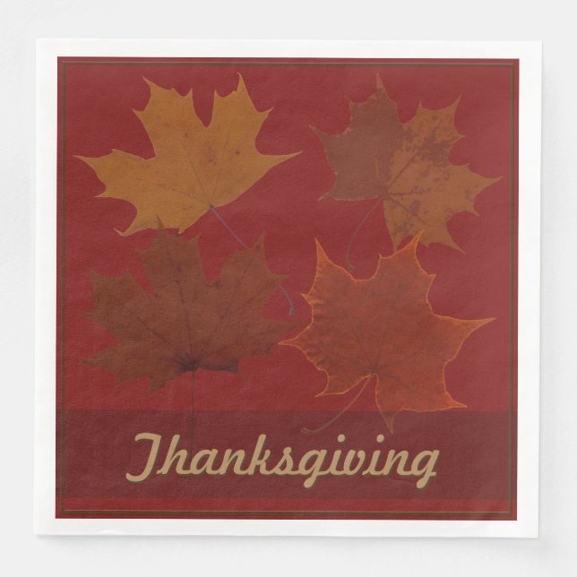 Seasonal 4 Autumn Leaves Thanksgiving Custom Text Paper Dinner Napkins (Front)