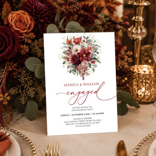 Seasonal Burgundy Gold Floral Bohemian engagement  Invitation