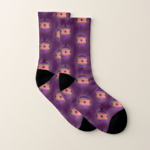 Seasonal Christmas Tree Spheres on Purple Socks