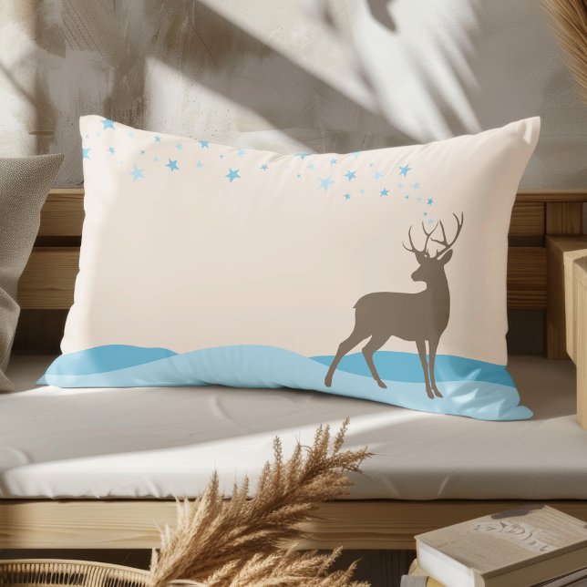 Seasonal Cute Deer Modern Minimalist no-photo  Lumbar Pillow (Rectangle lumbar pillow with whimsy cute design of a deer with antlers and stars in a winter scene.)