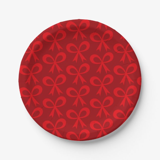 Seasonal Dark Red Bow Pattern Paper Plates (Front)