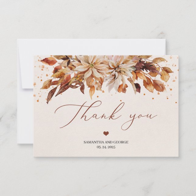 Seasonal fall floral and leaves foliage wedding thank you card (Front)