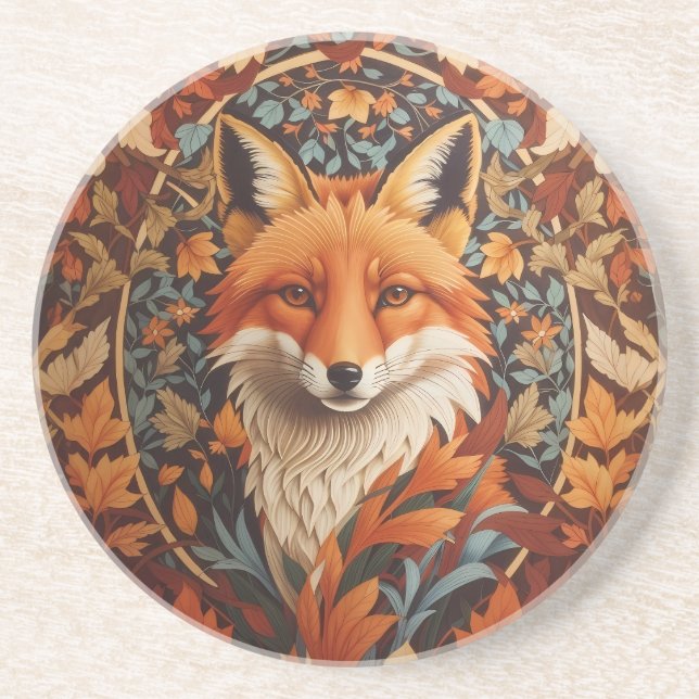 Seasonal Fall Leaves Red Fox Face Coaster (Front)