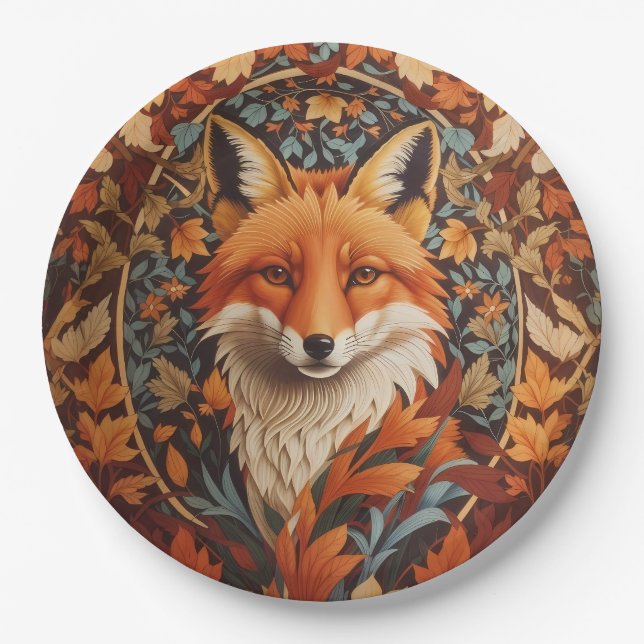 Seasonal Fall Leaves Red Fox Face Paper Plates (Front)