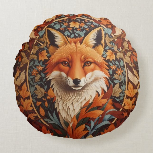 Seasonal Fall Leaves Red Fox Face Round Pillow (Front)