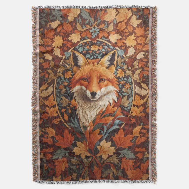 Seasonal Fall Leaves Red Fox Face Throw Blanket (Front Vertical)