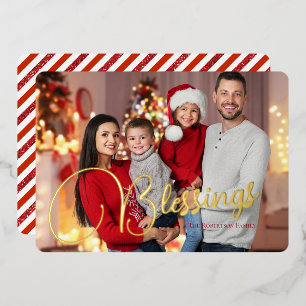 Seasonal Family Photo Blessings Candy Cane Stripes Foil Holiday Card