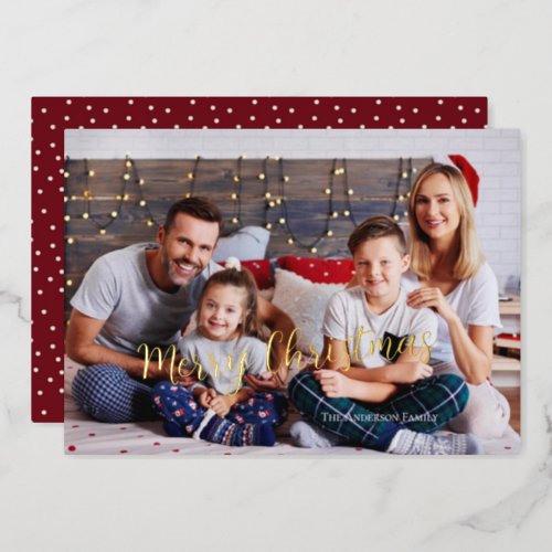 Seasonal Family Photo Fairy Lights White Polka Dot Foil Holiday Card