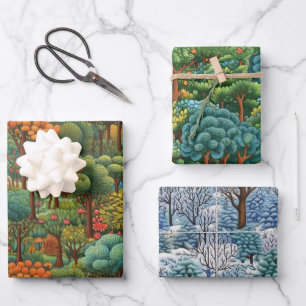 Seasonal Forest Scenes: Winter, Summer & Autumn Wrapping Paper Sheets