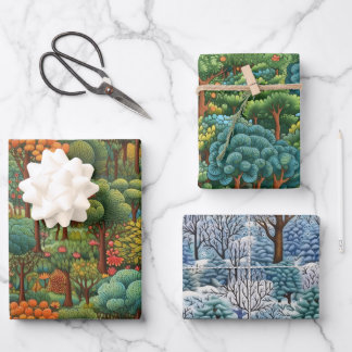 Seasonal Forest Scenes: Winter, Summer & Autumn Wrapping Paper Sheets