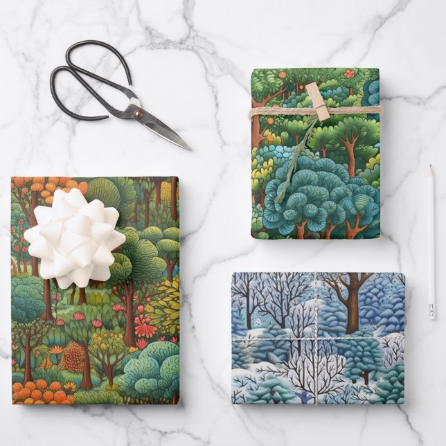 Seasonal Forest Scenes: Winter, Summer & Autumn Wrapping Paper Sheets (Front)