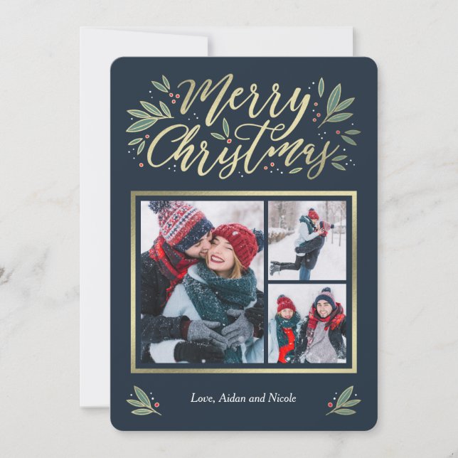 Seasonal Glow 3 Photo Christmas Card (Front)