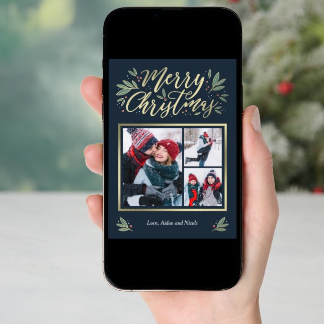 Seasonal Glow 3 Photo Christmas Card (Front Digital)